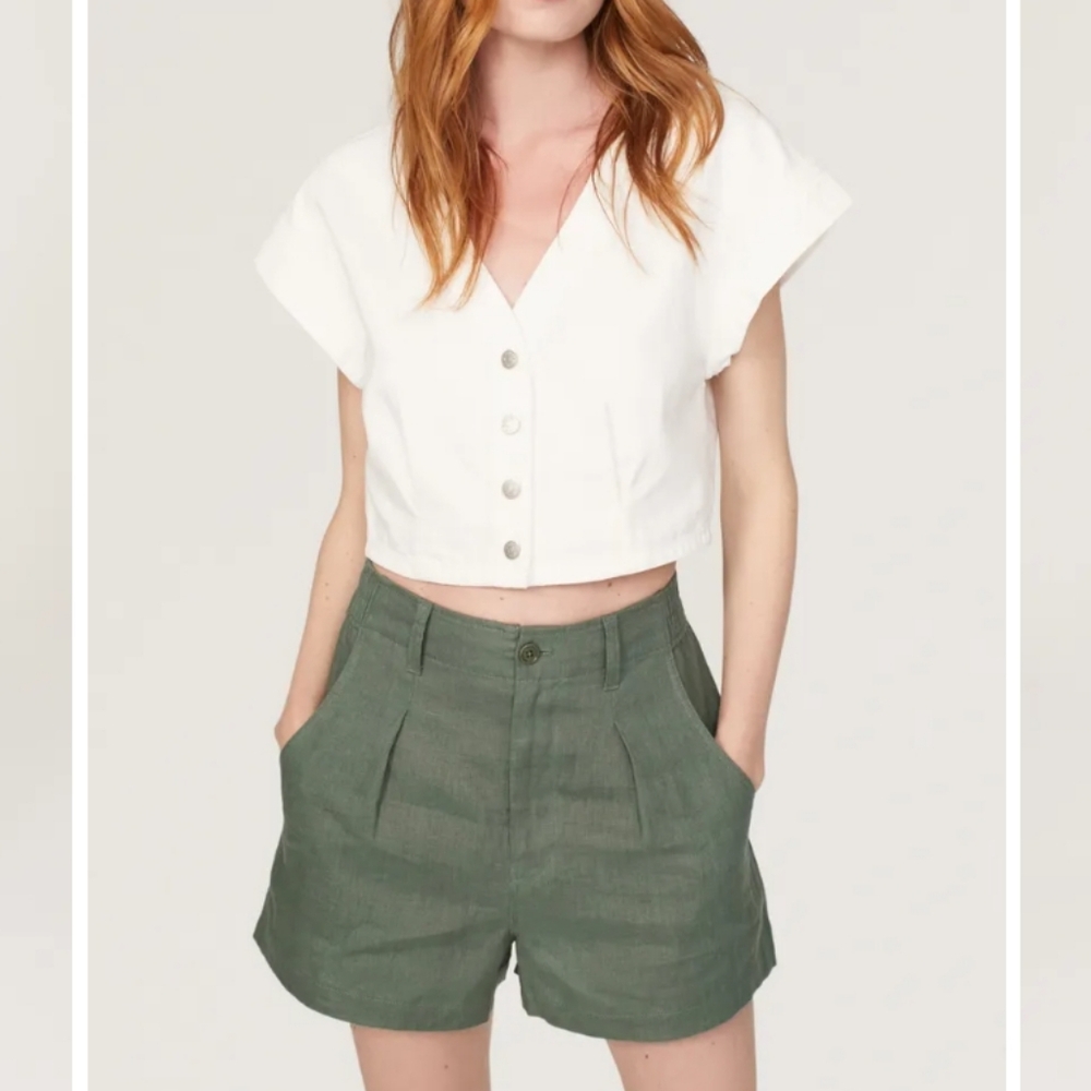 Madewell Denim Cap-Sleeve Crop Top in Tile White size 12 NWT